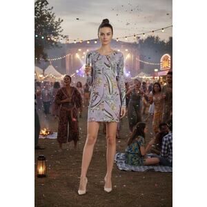 Agua Bendita Hadley Silver Mesh Mini Dress L NWT Abstract Long Sleeve Party